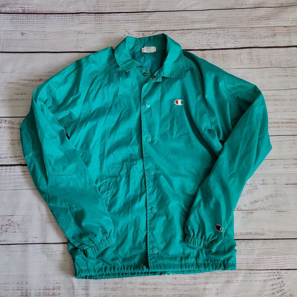 Vintage Champion Teal Windbreaker Snap Button Collared Jacket Women's Small